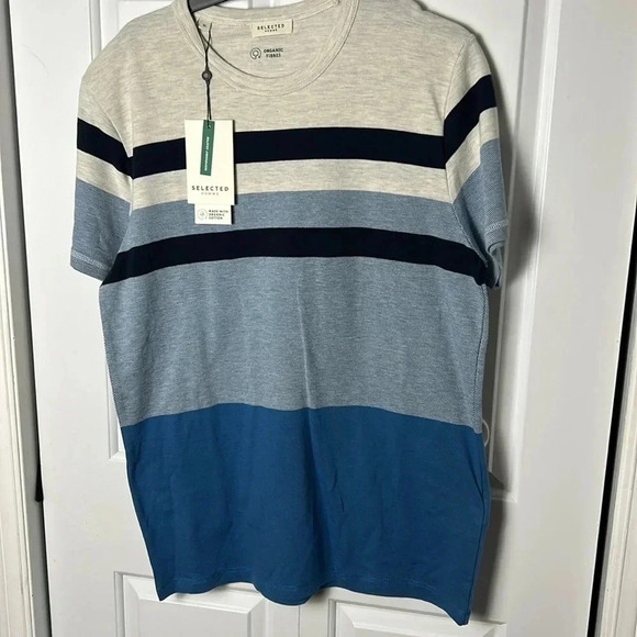 SELECTED HOMME organic cotton BLUE WHITE AND LIGHT BLUE  SHORT SLEEVE SHIRT - Picture 3 of 7